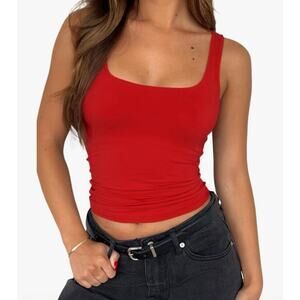 ForeFair Women's Sleeveless Square Neck Double Layer Basic Crop Top Size L